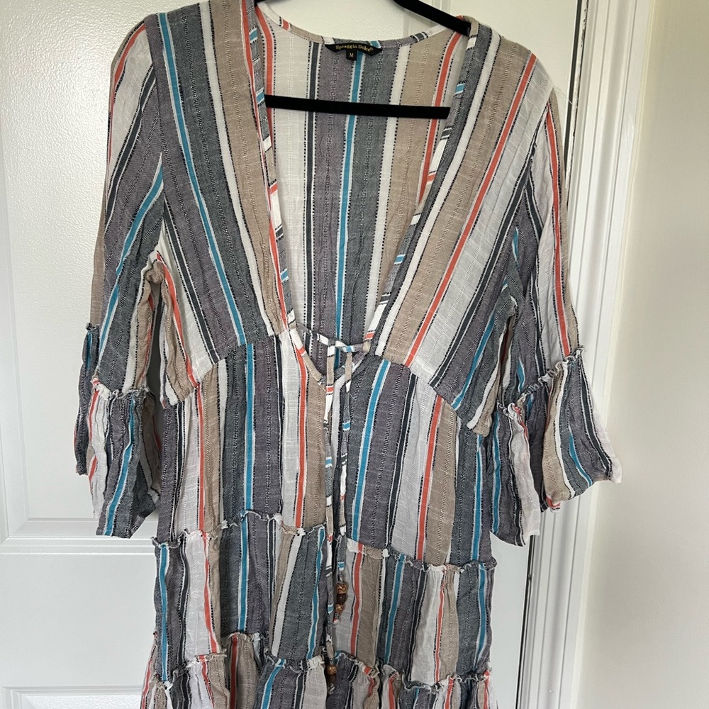Striped V-Neck Dress with Bell Sleeves